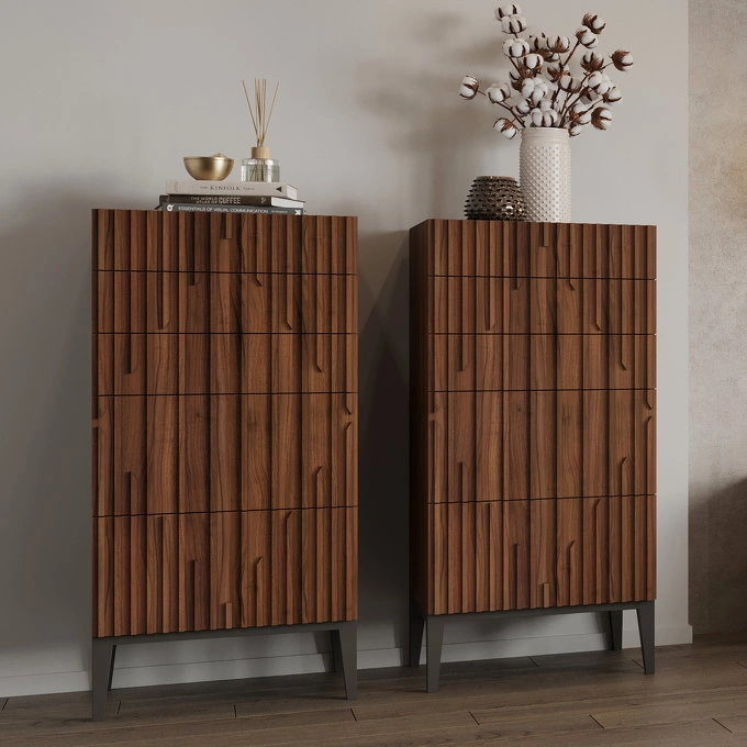 Комод высокий отделка шпон ореха, темно-серый матовый лак